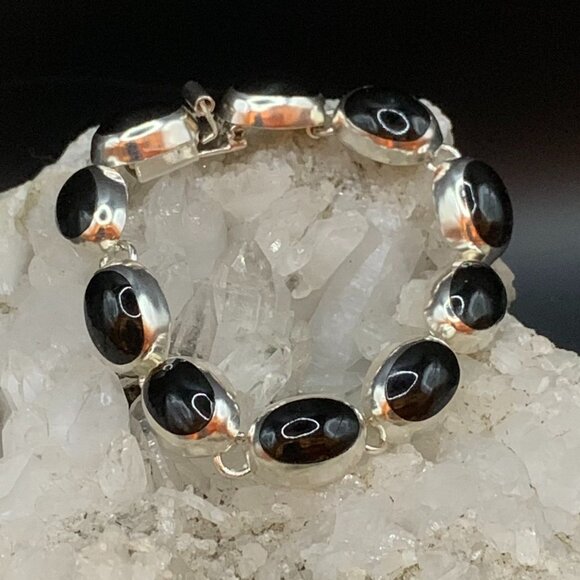 Taxco Black Onyx Sterling Silver 925 Mexico Vtg Bracelet Modernist J419 - Picture 2 of 10